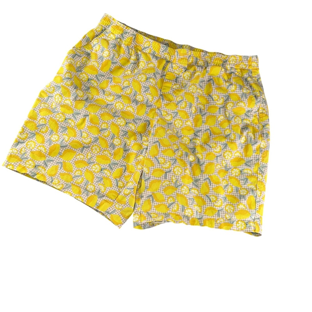 Lands' End Shorts Mens Large Yellow Lemon Fruit Print Swim Trunks Gingham Lined